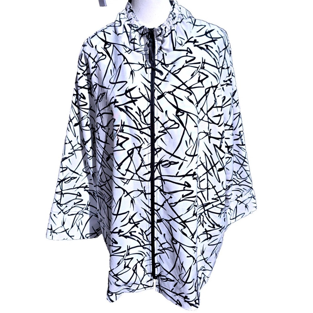 Caroline Rose 1X Jacket Black White‎ Abstract Sticks Print Ruche Collar USA